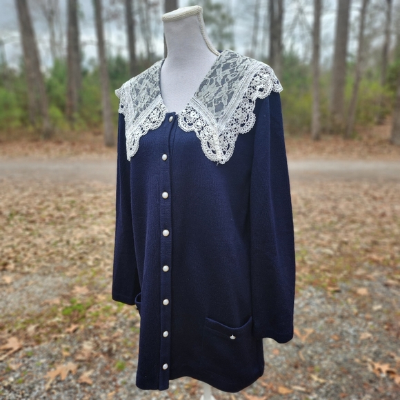 Vintage Sweaters - 80s Vintage Lace Collard Cardigan Dress